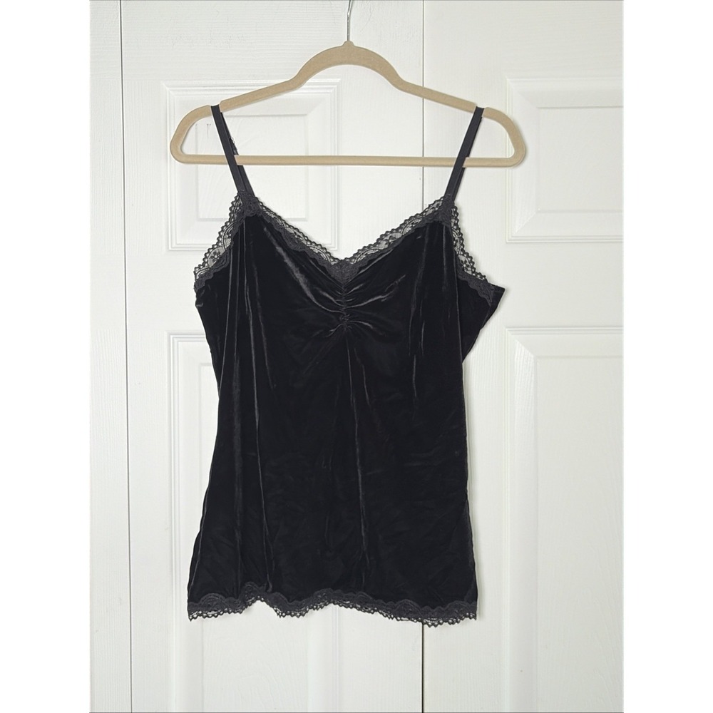 Apt. 9 Velvet Lace Trim Camisole‎ Womens Size L Black Y2K Goth Ruched Cami Top